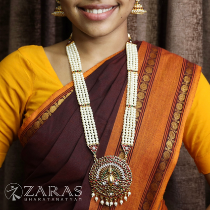 Bharatanatyam Dance Jewellery - 4 Lines Beads with Peacock Haaram / Long Chain image 0