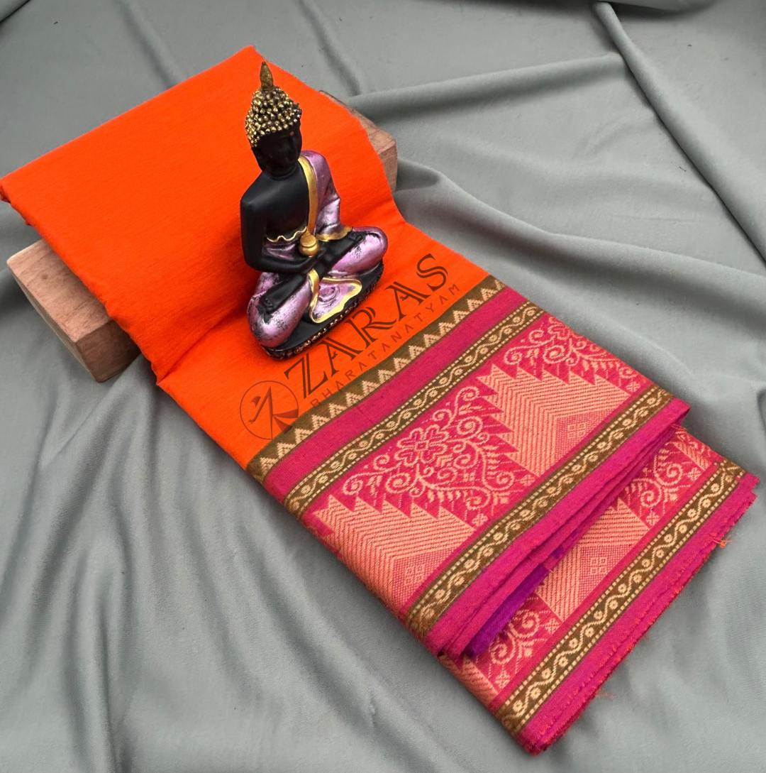 Bharatanatyam Dance Practice Saree - Orange with Pink Temple Border (6 mtr) image 0