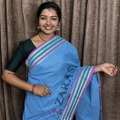 Bharatanatyam Dance Practice Saree - Blue with Pink Double Coin Border image 0