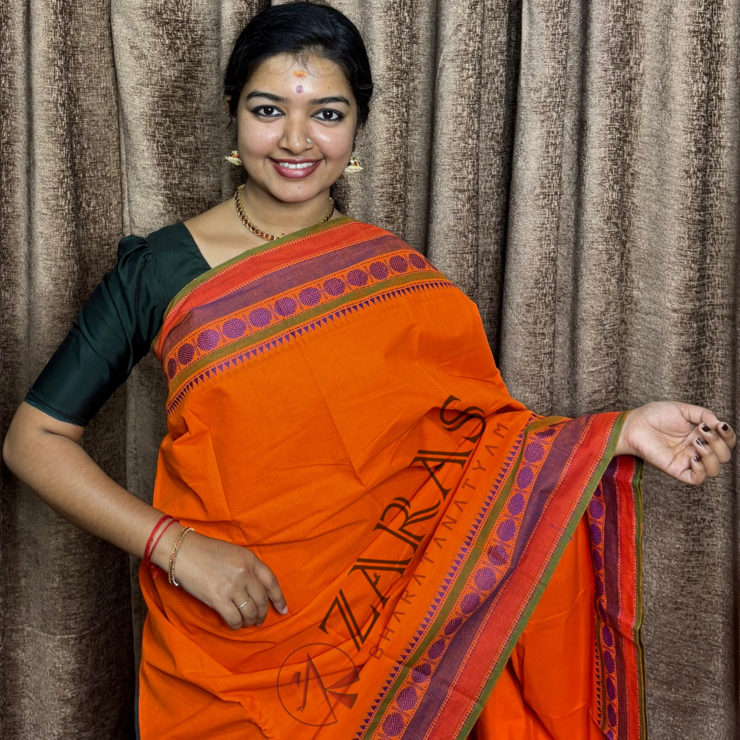 Bharatanatyam Dance Practice Saree - Orange with Green Temple Coin Border image 0