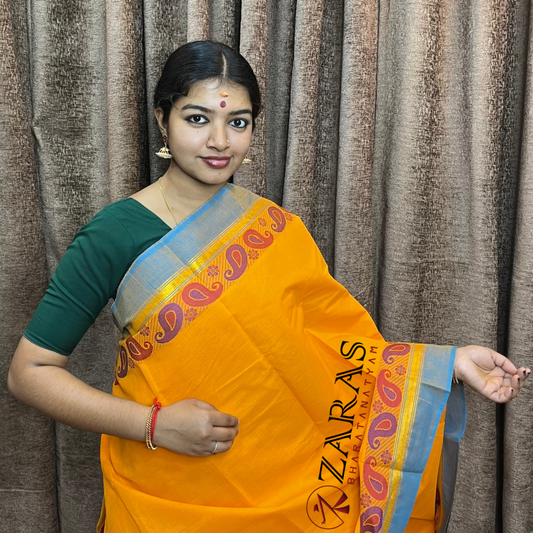 Bharatanatyam Dance Practice Saree - M Yellow Blue Manga Border image 0