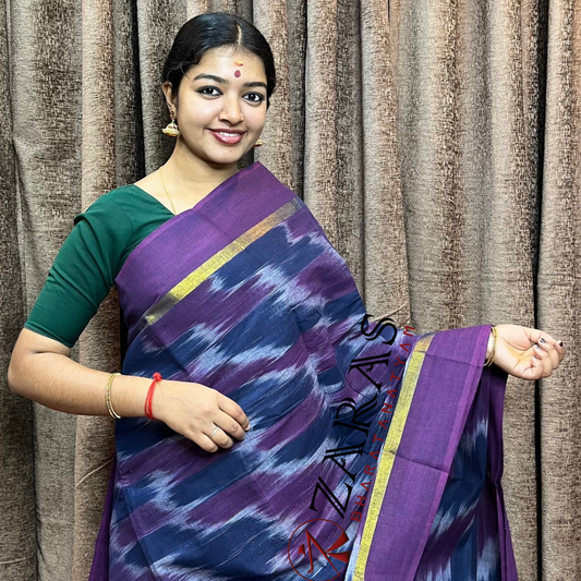 Bharatanatyam Dance Practice Saree - Blue D Purple Mixed Ikkat Border image 0