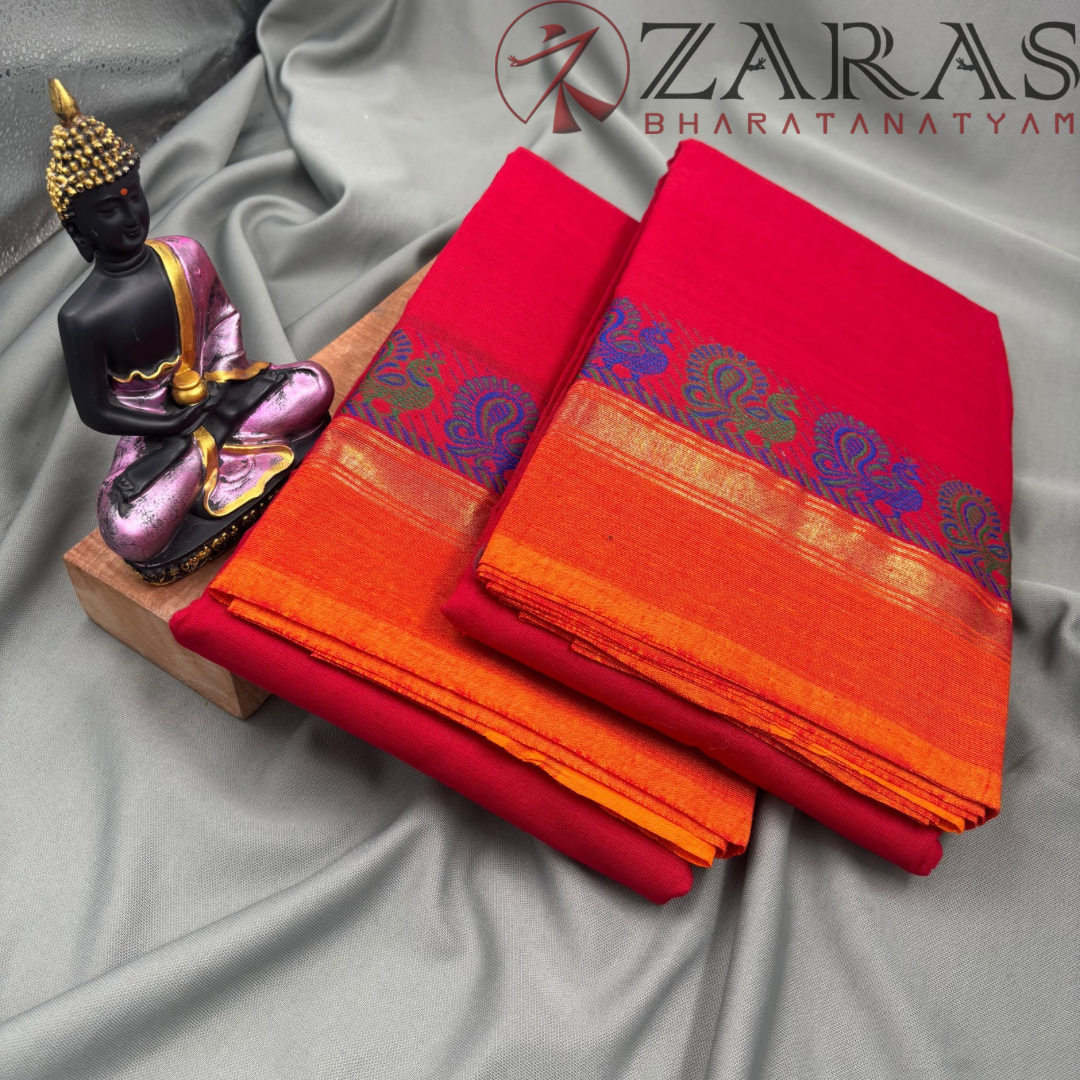Bharatanatyam Dance Practice Saree - Red Yellow Small Peacock Border image 2