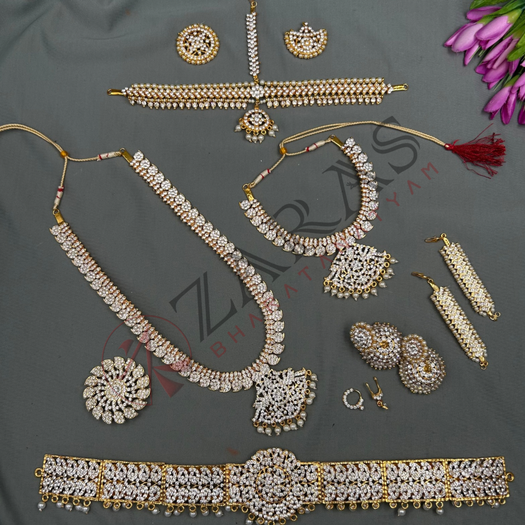 Bharatanatyam Dance Jewellery - Manga Design White Stone Full Set image 0