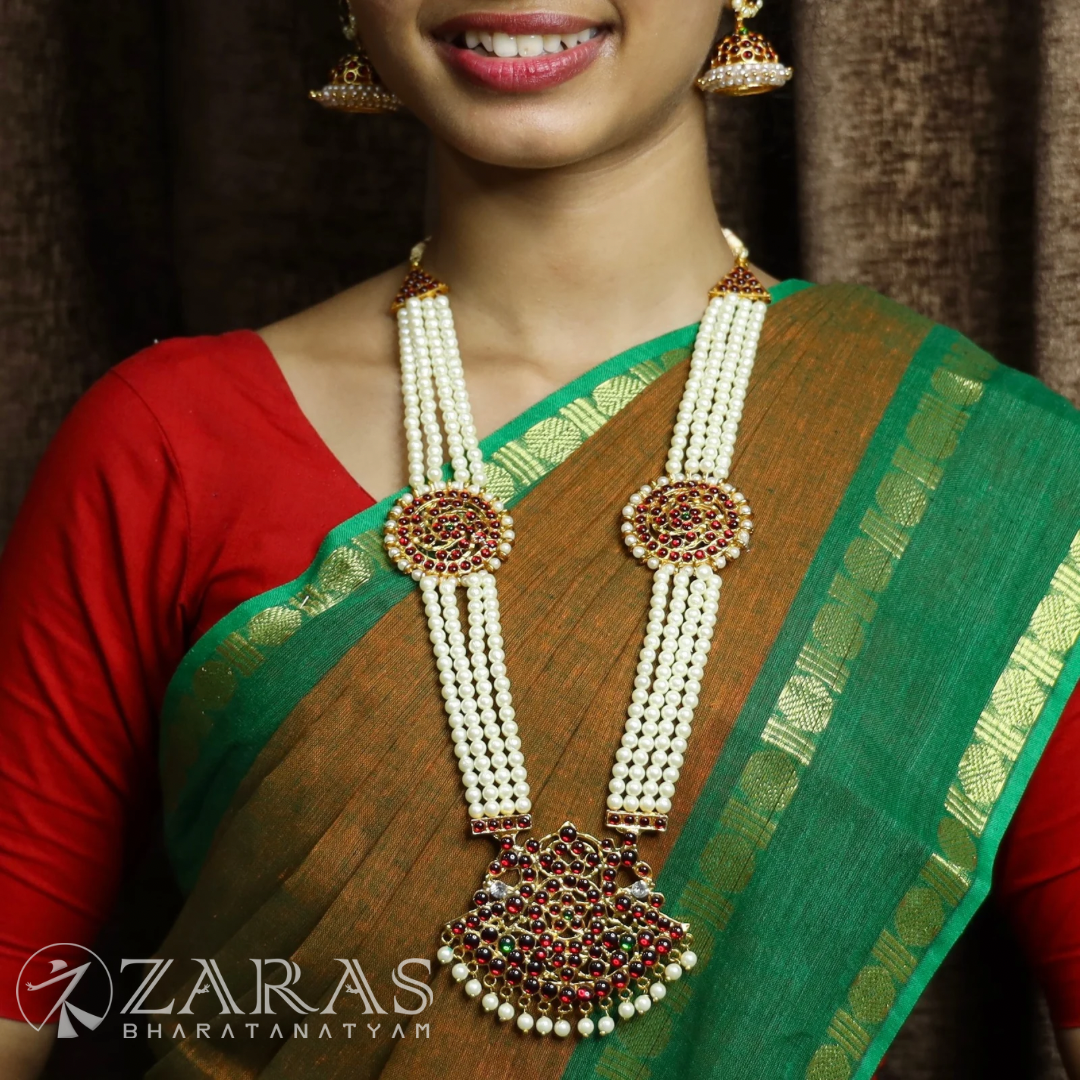 Bharatanatyam Dance Jewellery - 4 Lines Beads Sun Padak RG Kemp Haaram / Long Chain image 0