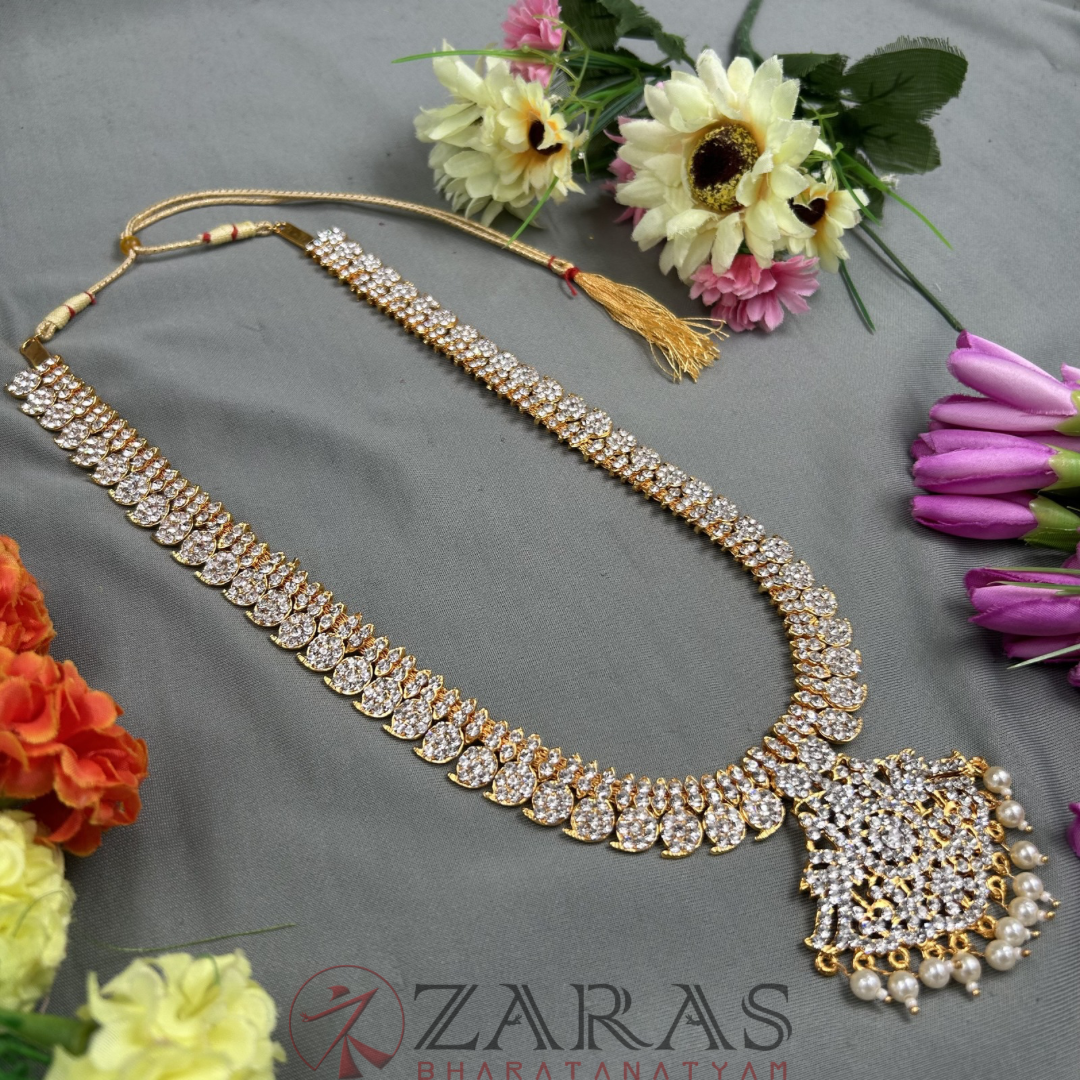 Bharatanatyam Dance Jewellery - Haaram Manga Design White Stone RG image 2