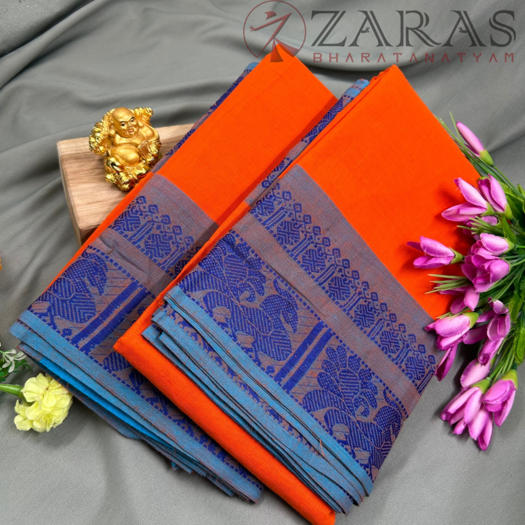 Bharatanatyam Dance Practice Saree - Orange with Blue Big Peacock Border image 1