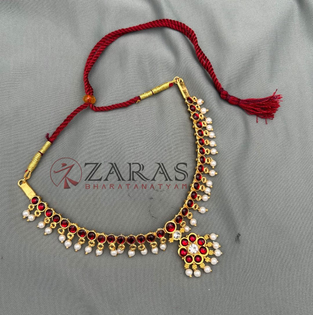 Bharatanatyam Dance Jewellery - Necklace 1 Line Attigai & Flower Red Kemp CS Beads image 1
