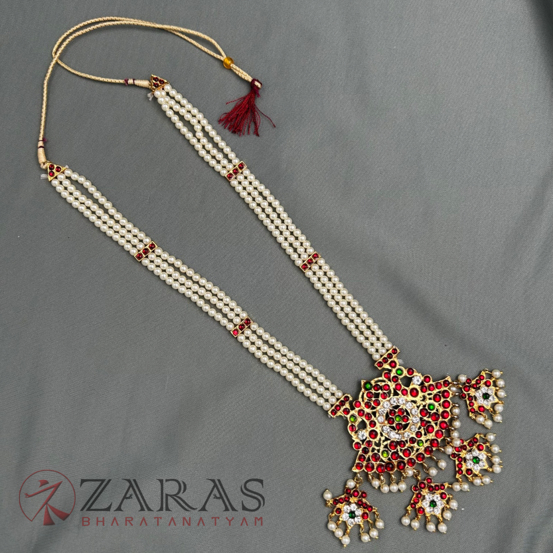 Bharatanatyam Dance Jewellery - 3 Lines Beads Padak with Leaf Haaram image 2