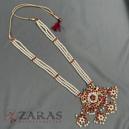 Bharatanatyam Dance Jewellery - 3 Lines Beads Padak with Leaf Haaram image 2