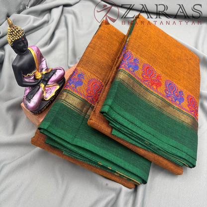 Bharatanatyam Dance Practice Saree - Mustard with Green Peacock Border image 1