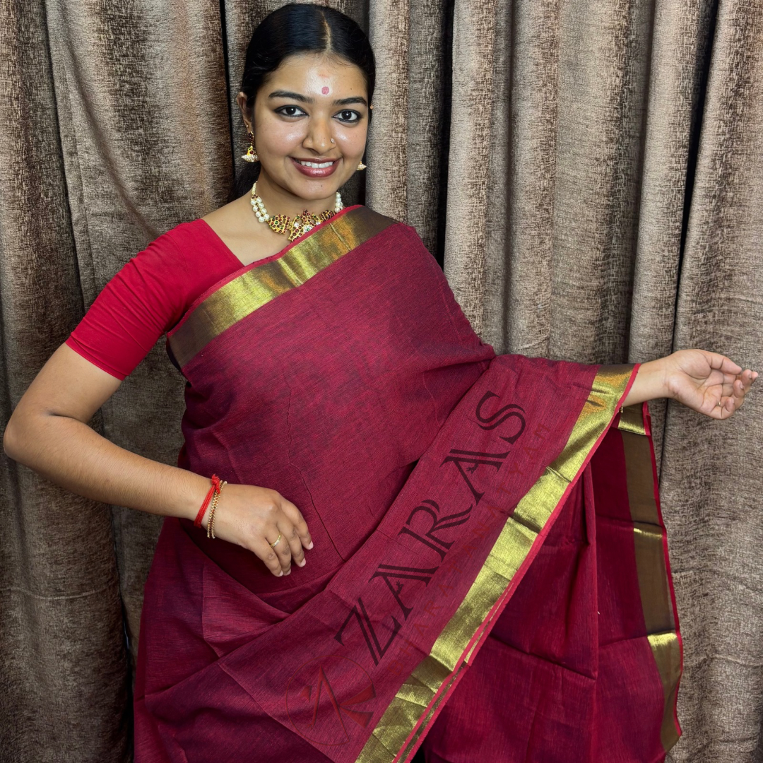 Bharatanatyam Dance Practice Saree - Maroon with Gold Plain Border image 0