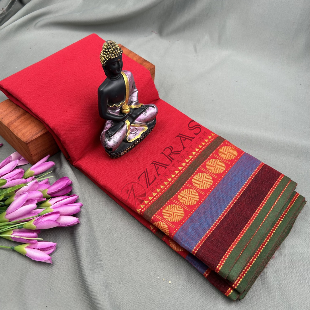 Bharatanatyam Dance Practice Saree - Red with Green Coin Border image 0