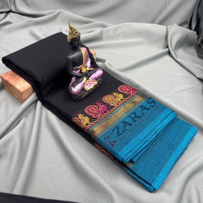 Bharatanatyam Dance Practice Saree - Black with Blue Small Peacock Border image 0