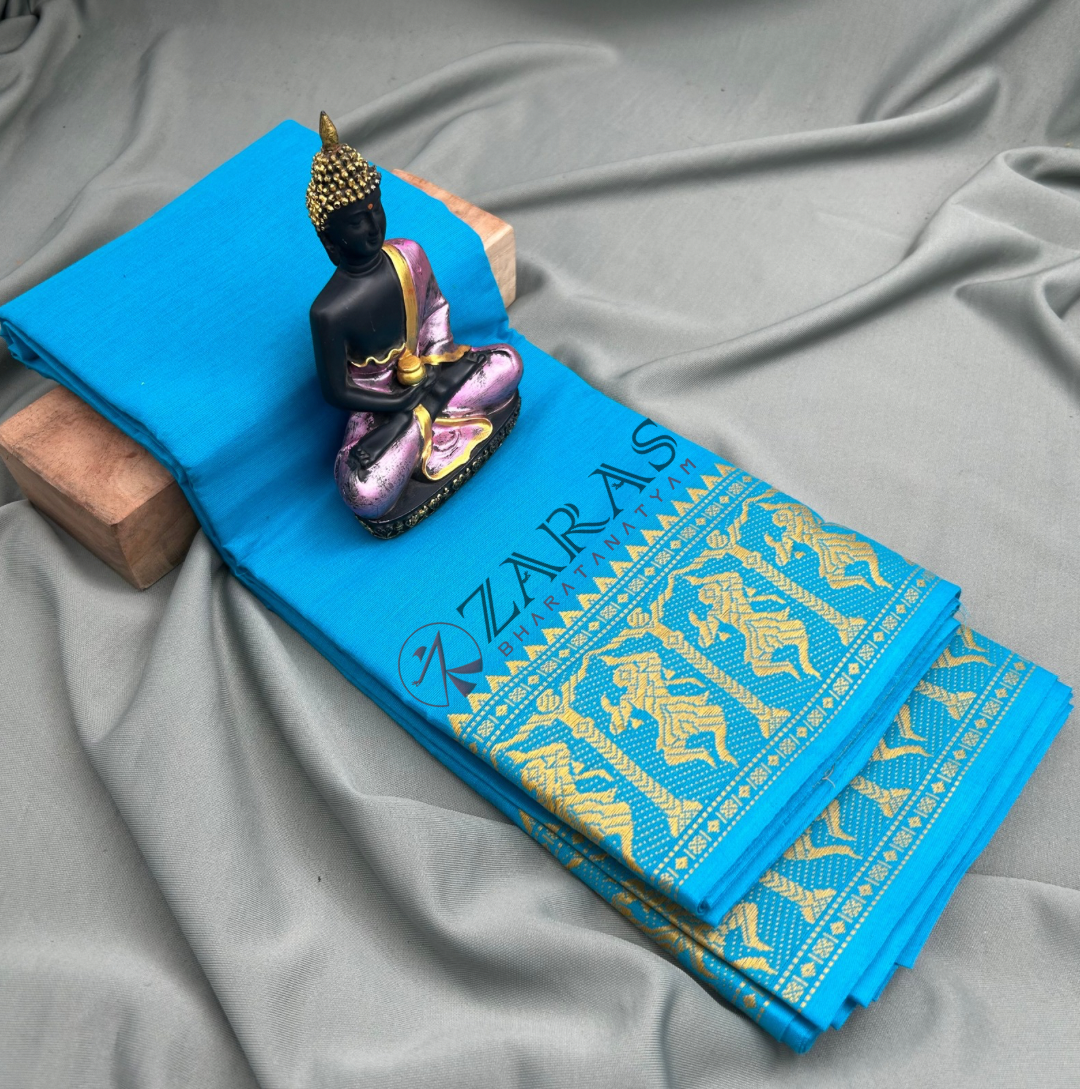Bharatanatyam Dance Practice Saree - L Blue with Gold Doll Border image 0