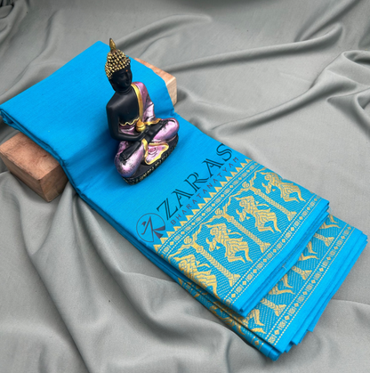 Bharatanatyam Dance Practice Saree - L Blue with Gold Doll Border image 0
