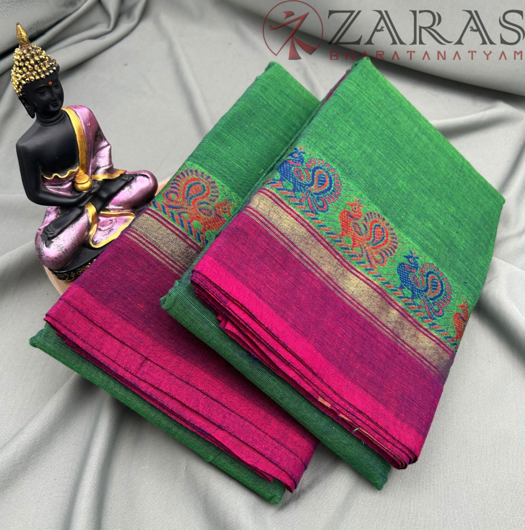 Bharatanatyam Dance Practice Saree - Green with Pink Small Peacock Border image 1
