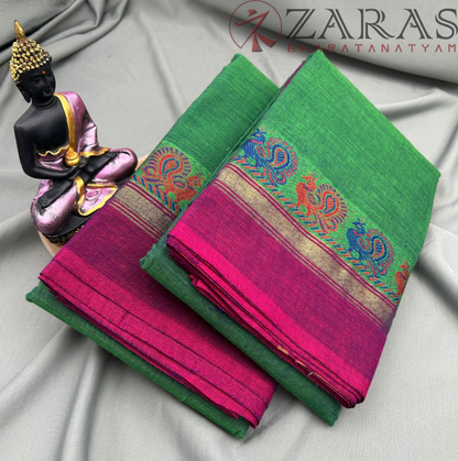 Bharatanatyam Dance Practice Saree - Green with Pink Small Peacock Border image 1