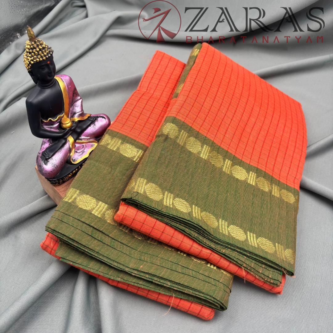Dance Practice Saree - Orange with Green Coin Border image 1