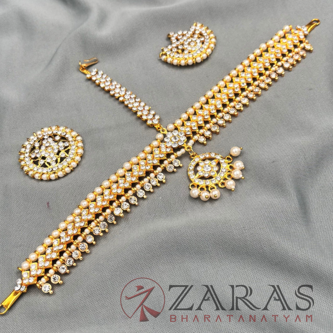 Bharatanatyam Dance Jewellery - Headset Gold White Stone V image 3
