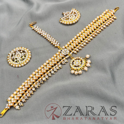 Bharatanatyam Dance Jewellery - Headset Gold White Stone V image 3