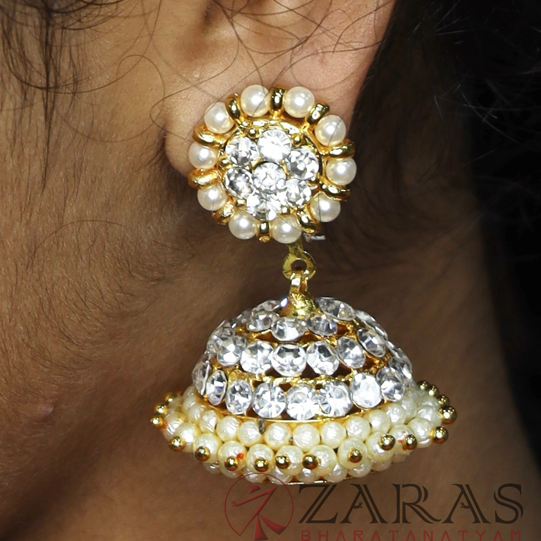 Bharatanatyam Dance Jewellery - 3L Full White Stone Jimiki with Kammal image 0