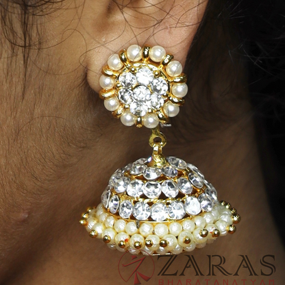 Bharatanatyam Dance Jewellery - 3L Full White Stone Jimiki with Kammal image 0