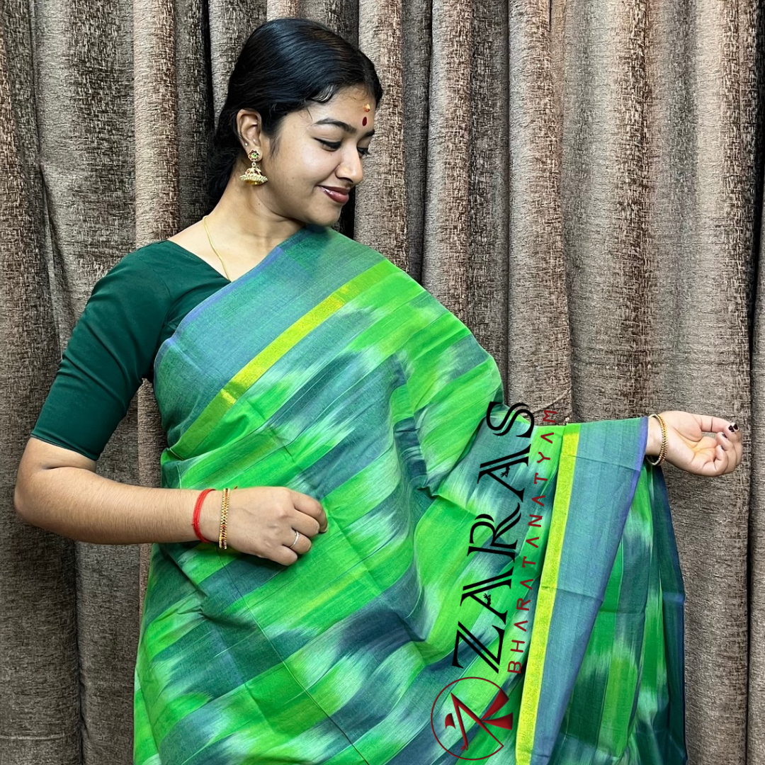 Bharatanatyam Dance Practice Saree - Green DS Purple Mixed Ikkat Border image 0
