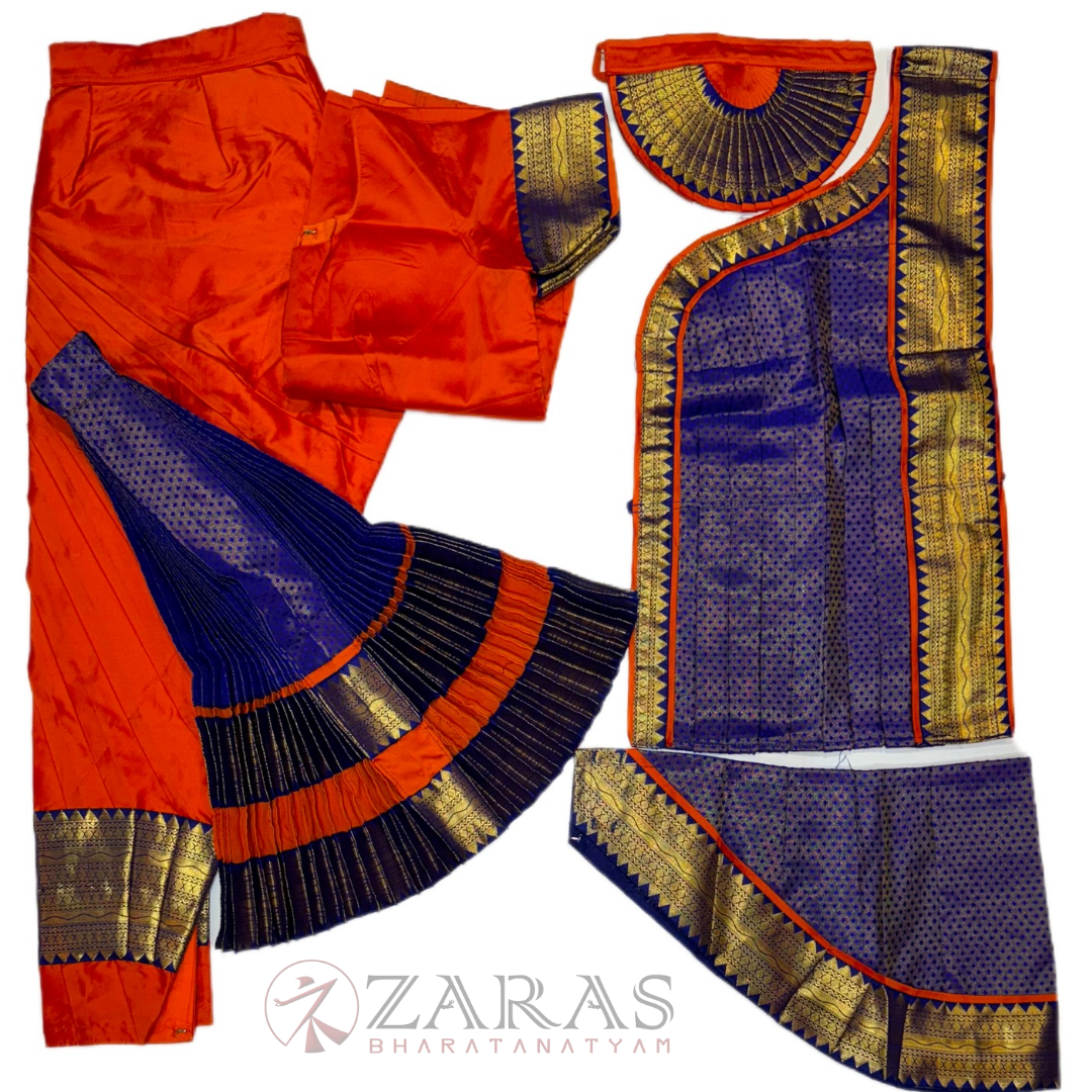 Bharatanatyam Dance Costume Readymade - Orange with Blue Brocade image 0