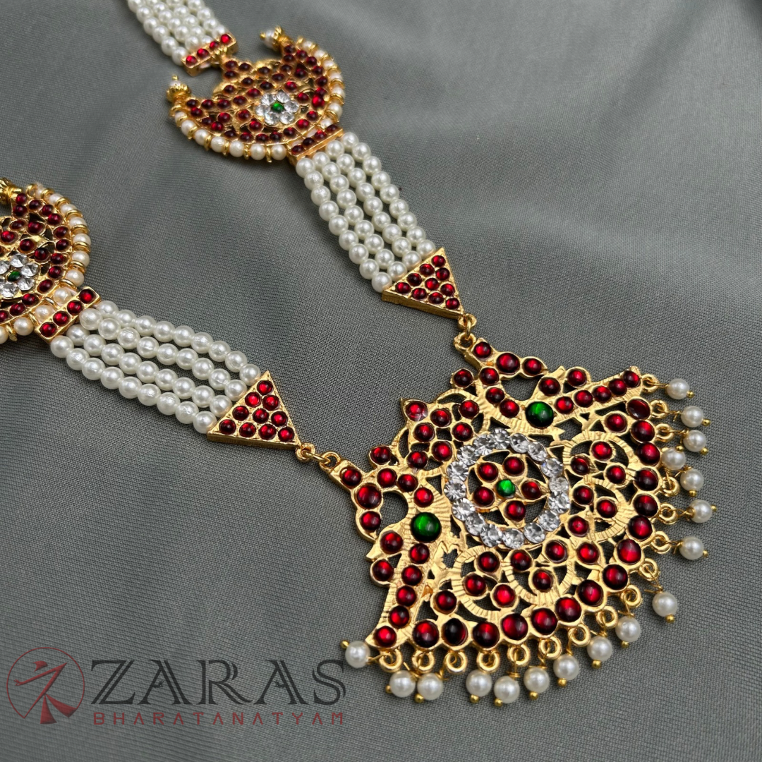 Bharatanatyam Dance Jewellery - 4 Lines Beads Moon RG Kemp Haaram / Long Chain image 3