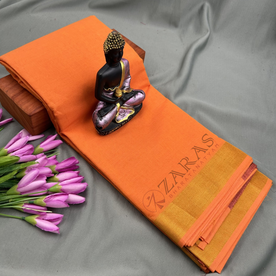 Bharatanatyam Dance Practice Saree - L Orange with Gold Plain Border image 0