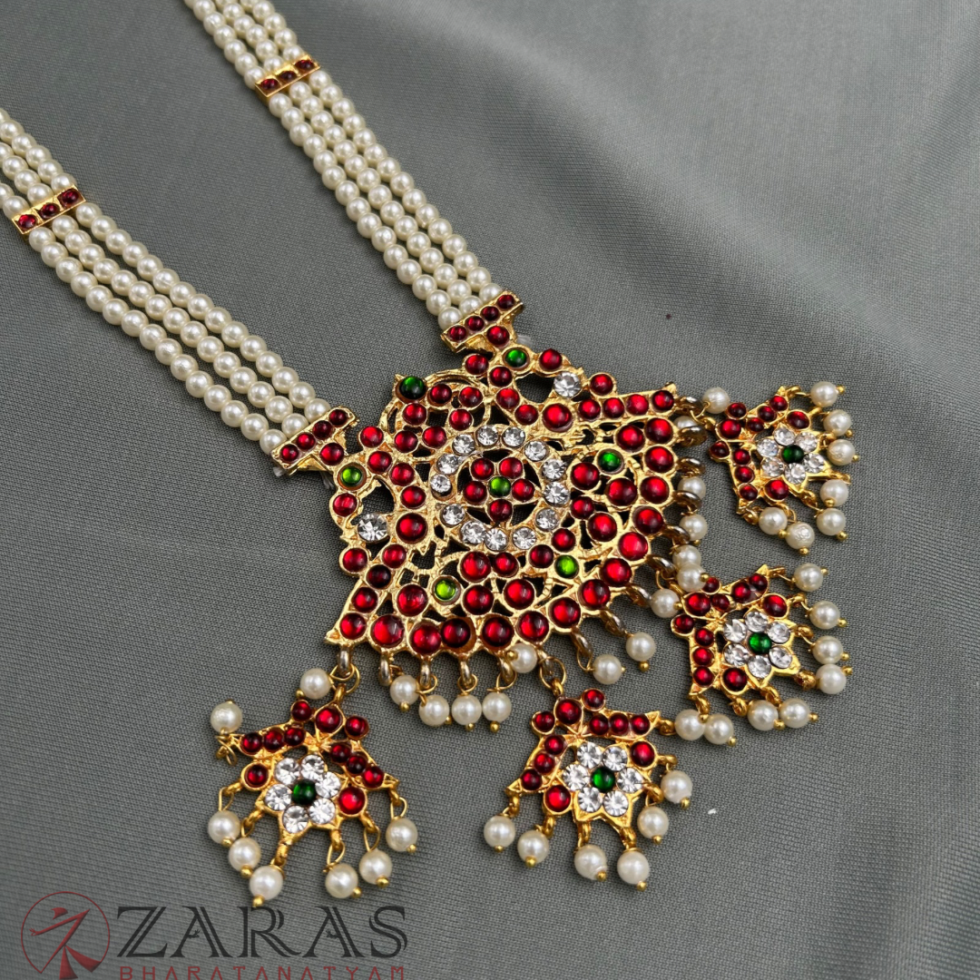 Bharatanatyam Dance Jewellery - 3 Lines Beads Padak with Leaf Haaram image 3