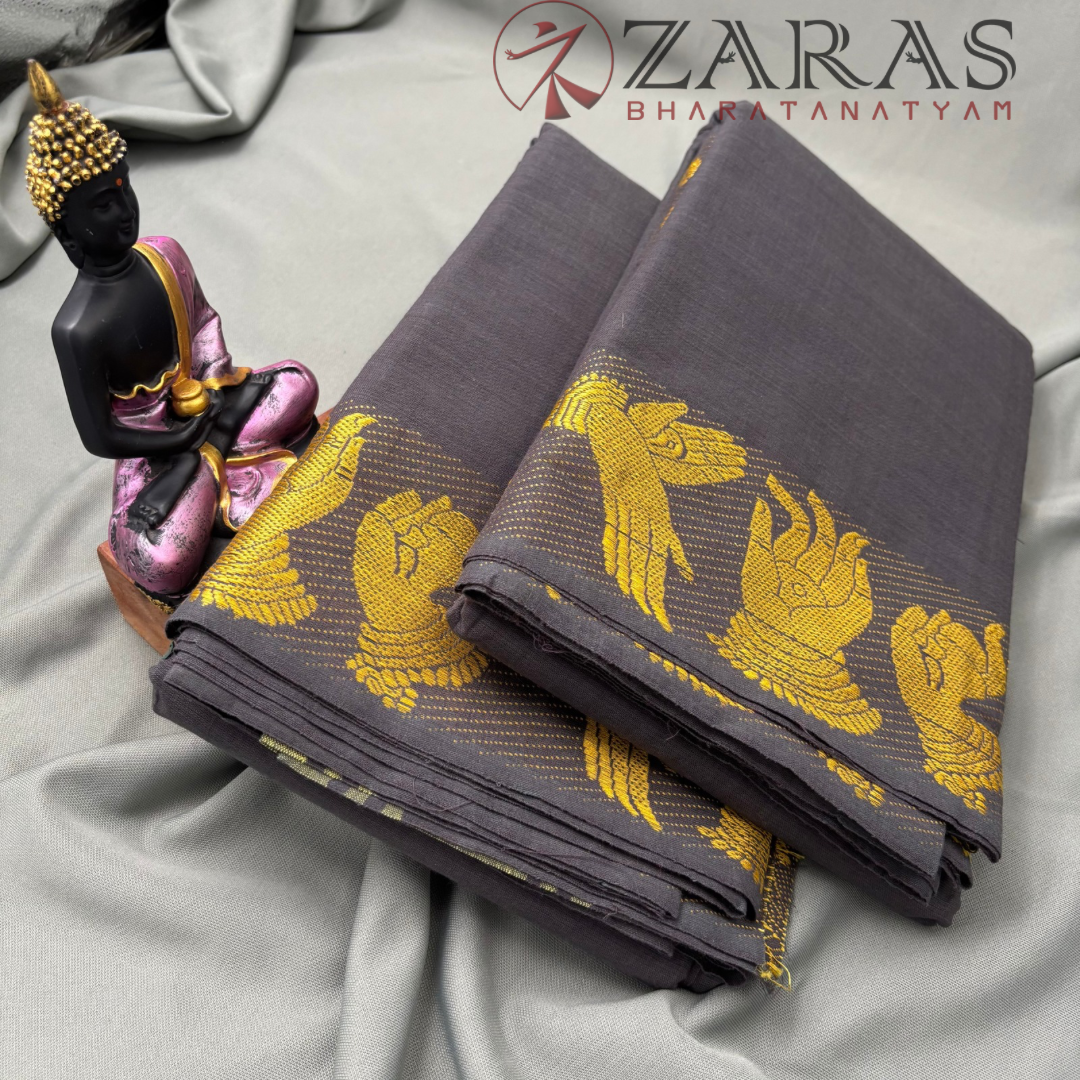 Bharatanatyam Dance Practice Saree - Grey with Gold Mudra Border image 2