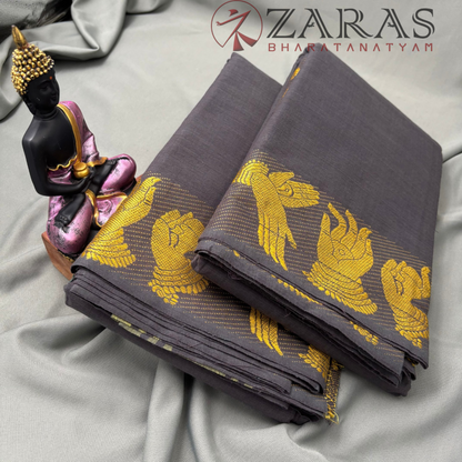 Bharatanatyam Dance Practice Saree - Grey with Gold Mudra Border image 2