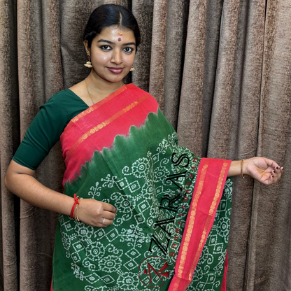 Bharatanatyam Dance Practice Saree - Green with Pink Bandini Saree image 0