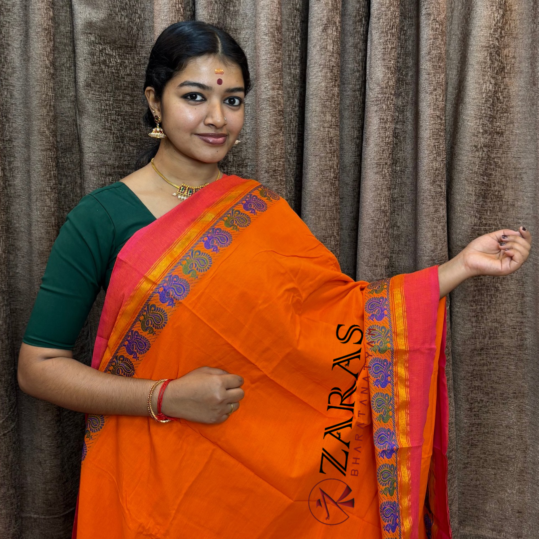 Bharatanatyam Dance Practice Saree - Orange Red Small Peacock Border image 0