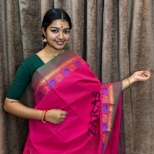 Bharatanatyam Dance Practice Saree - Pink Green Small Peacock Border image 0