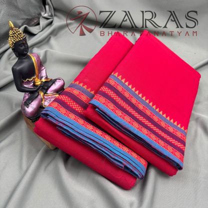 Bharatanatyam Dance Practice Saree - Red with Blue Double Coin Border image 2