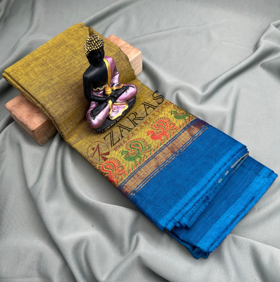 Bharatanatyam Dance Practice Saree - Gold Brown with Blue Small Peacock Border image 0