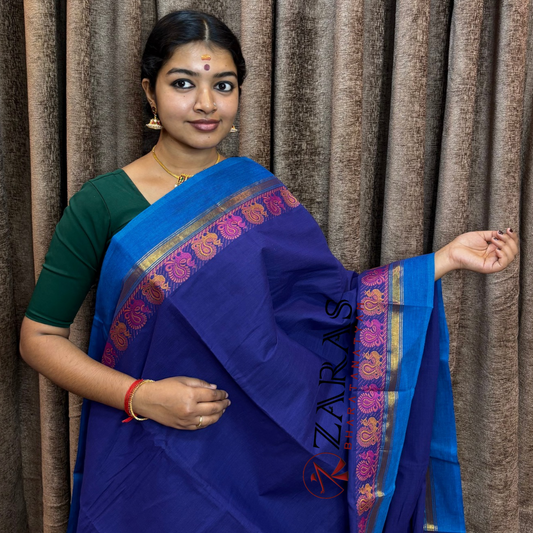 Bharatanatyam Dance Practice Saree -  Blue D BL Small Peacock Border image 0