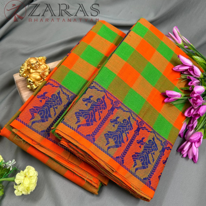 Bharatanatyam Dance Practice Saree - L Green with Orange Checked Doll Border image 1