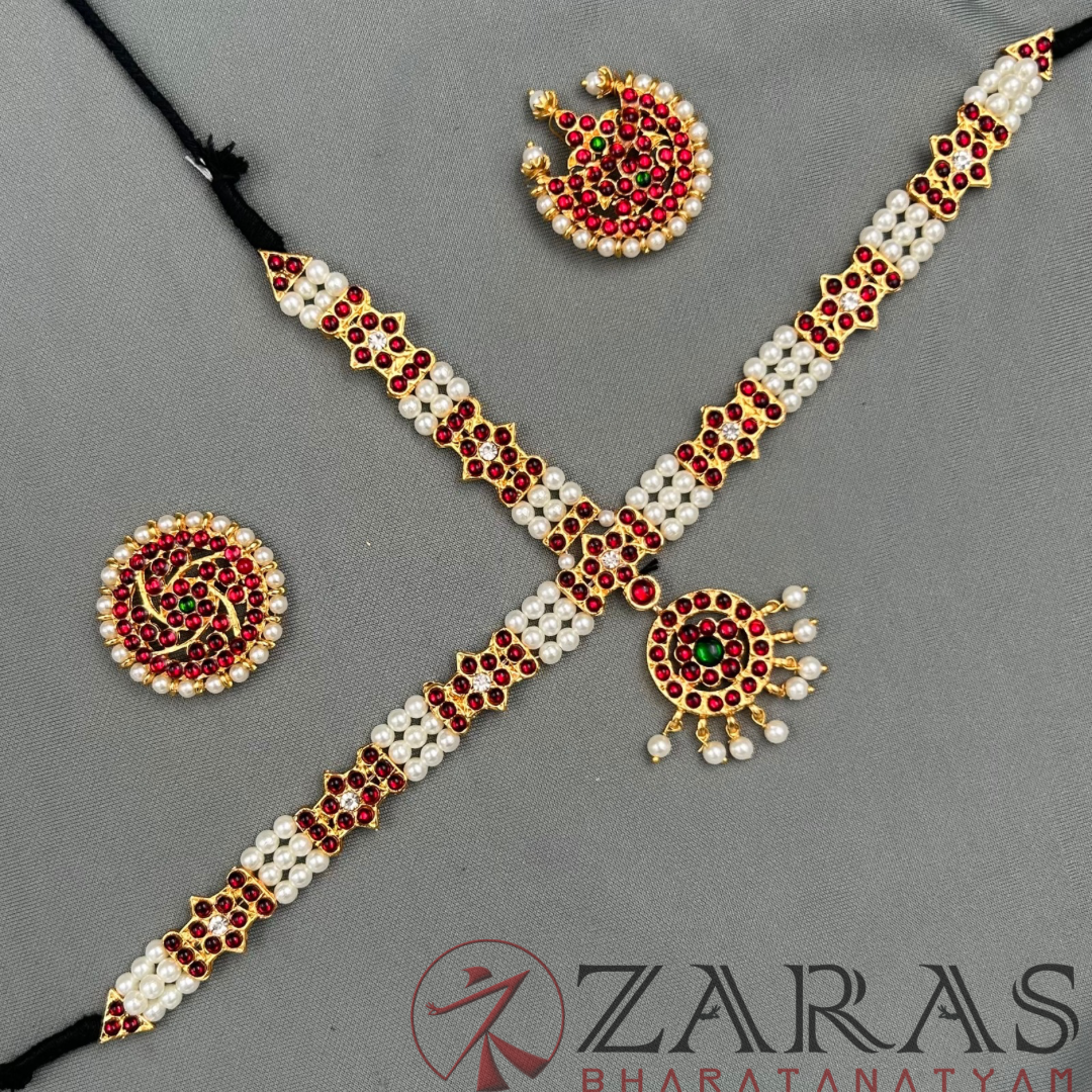Bharatanatyam Dance Jewellery - Flower 3 Line Beads Red Kemp image 2