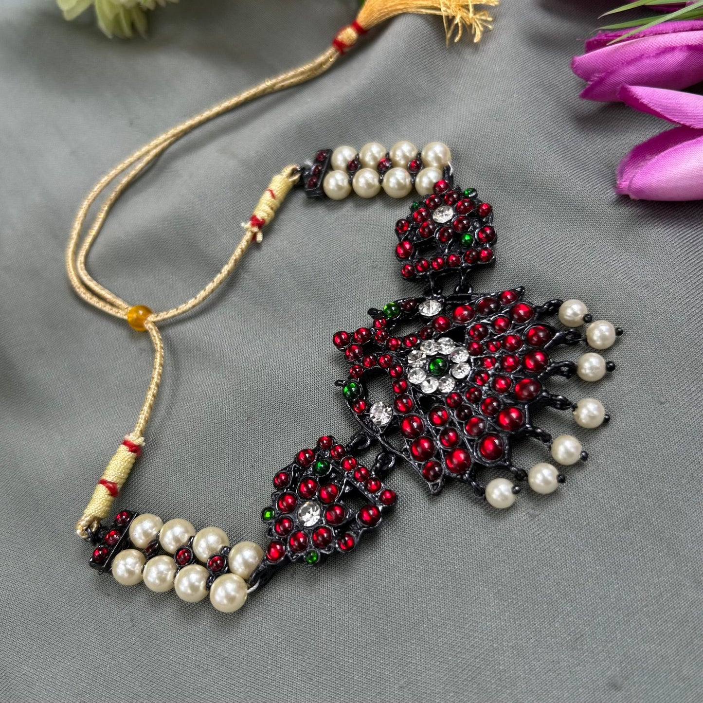 Bharatanatyam Dance Jewellery Black Necklace - 2L Balls Peacock RG Kemp Beads image 2