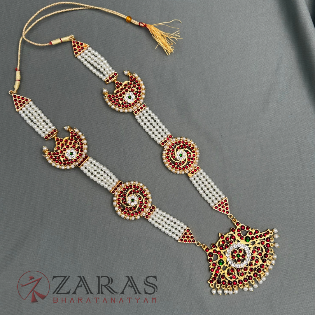 Bharatanatyam Dance Jewellery - 4 Lines Beads Sun & Moon RG Kemp Haaram / Long Chain image 2
