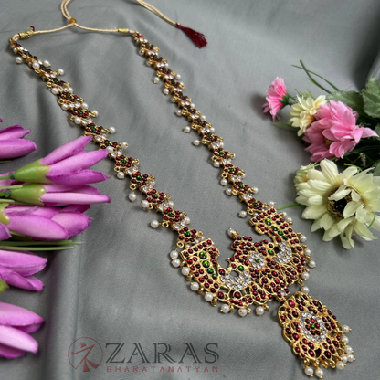 Bharatanatyam Dance Jewellery - Peacock Flower RG Kemp Haaram / Long Chain image 1