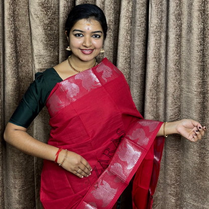 Bharatanatyam Dance Practice Saree - Red with Silver Mudhra Border image 0