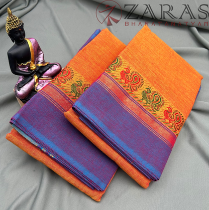 Bharatanatyam Dance Practice Saree - D Shade Orange with Blue Small Peacock Border image 1