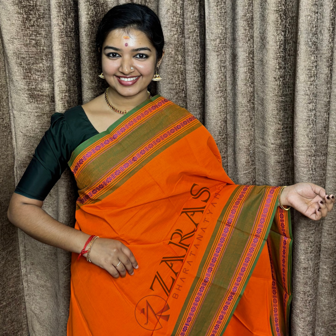 Bharatanatyam Dance Practice Saree - Orange with Green Double Flower Border image 0