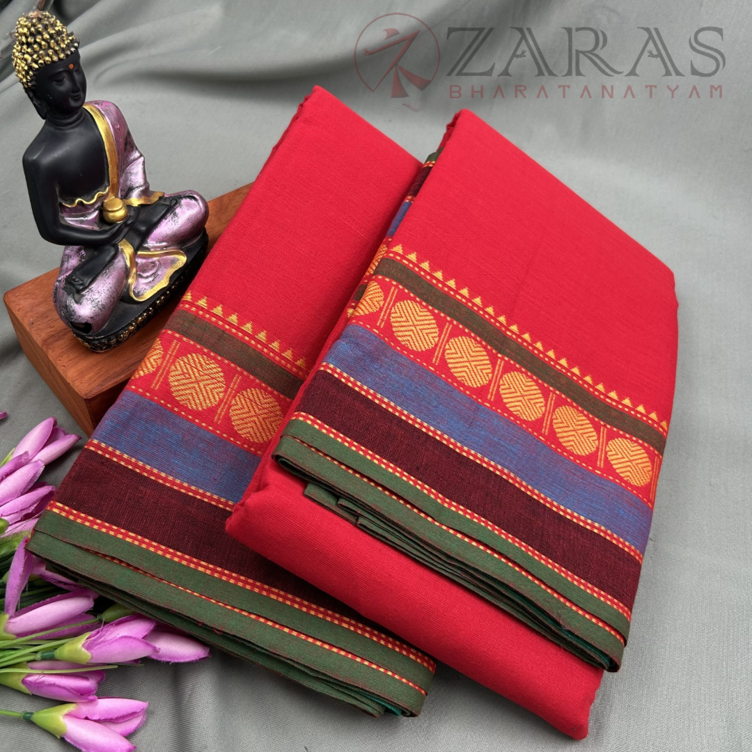 Bharatanatyam Dance Practice Saree - Red with Green Coin Border image 1