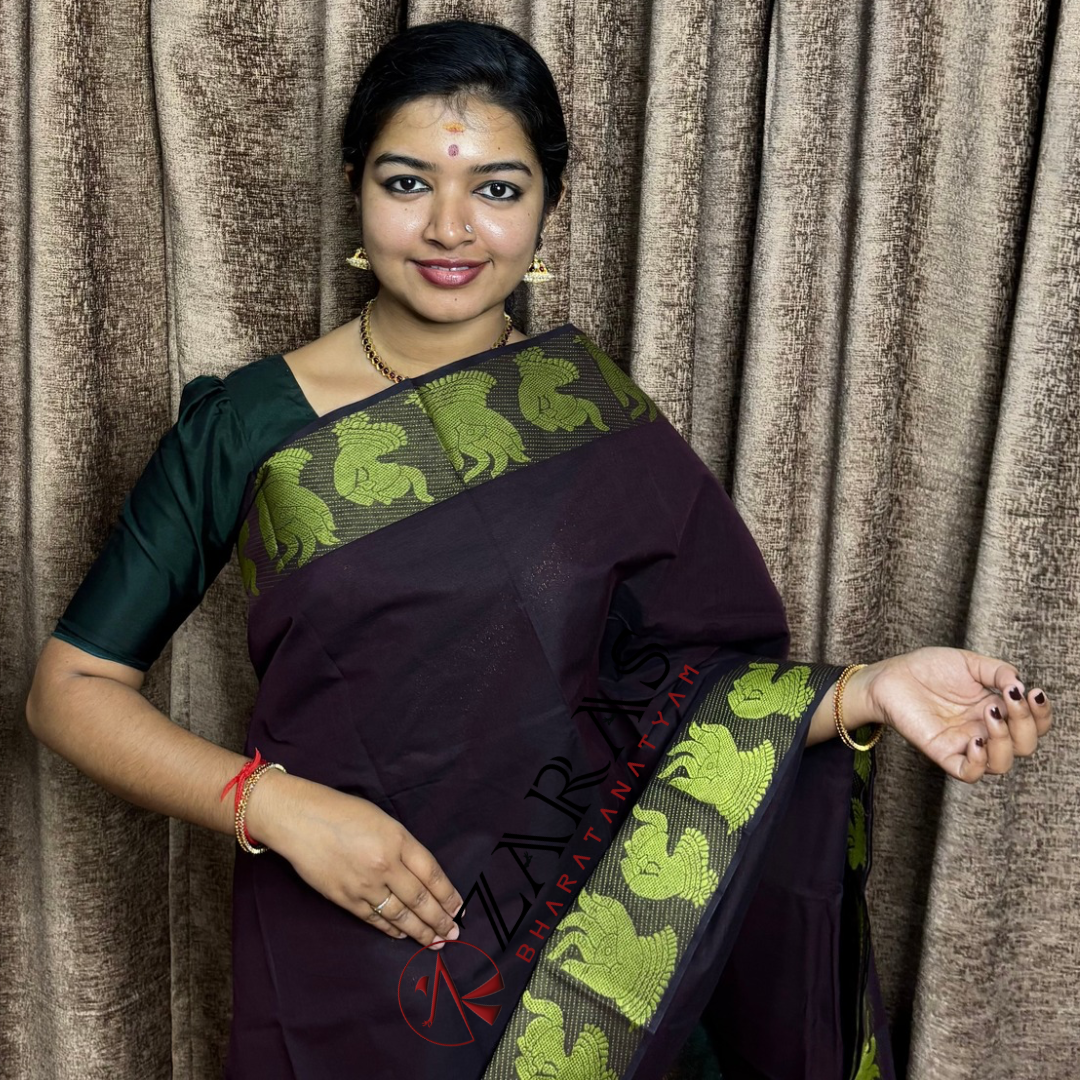Bharatanatyam Dance Practice Saree - Maroon with Green Mudra Border image 0